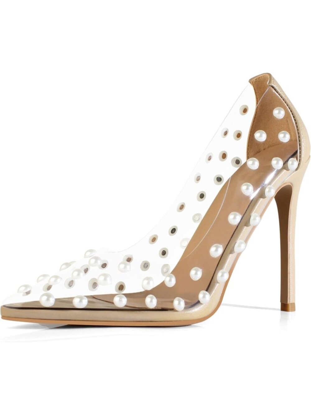 Women's Nude Pumps Pointed Toe High Heel Shoes Pearl Studded PVC Clear Heels